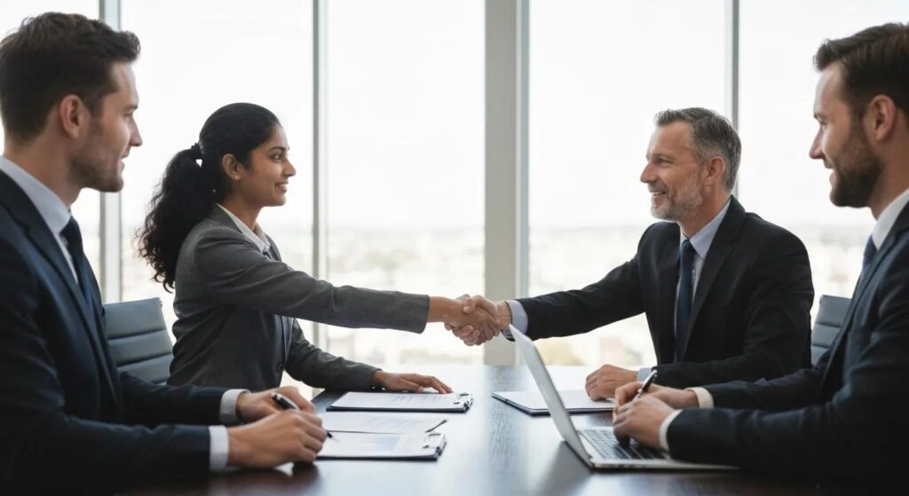 Business professionals sealing a deal with a handshake, illustrating the contract-winning benefits of ISO 27001 certification