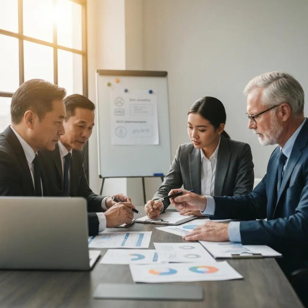 Business professionals collaborating on ISO 27001 compliance documentation in a modern office