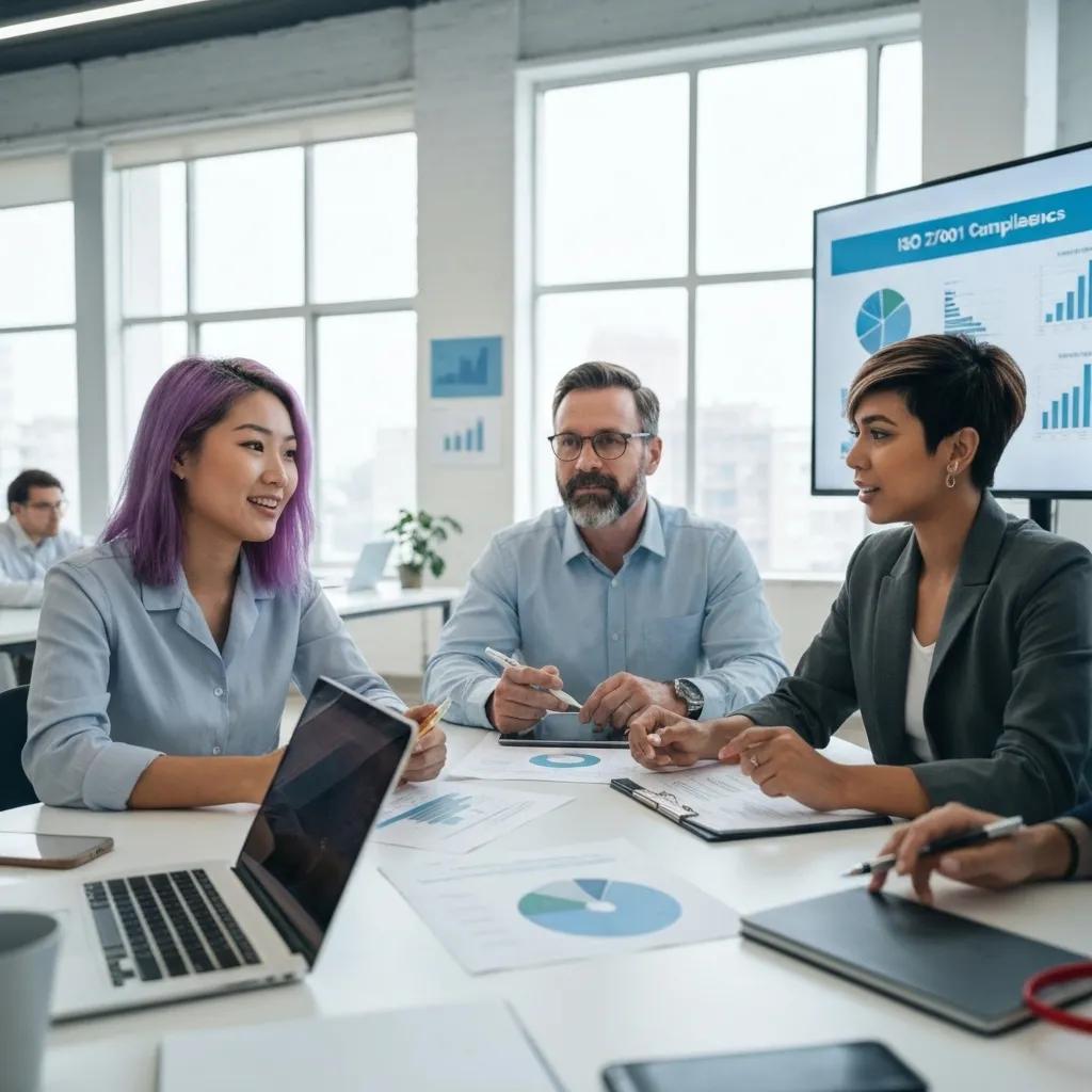 Diverse professionals collaborating on ISO 27001 compliance in a modern office setting