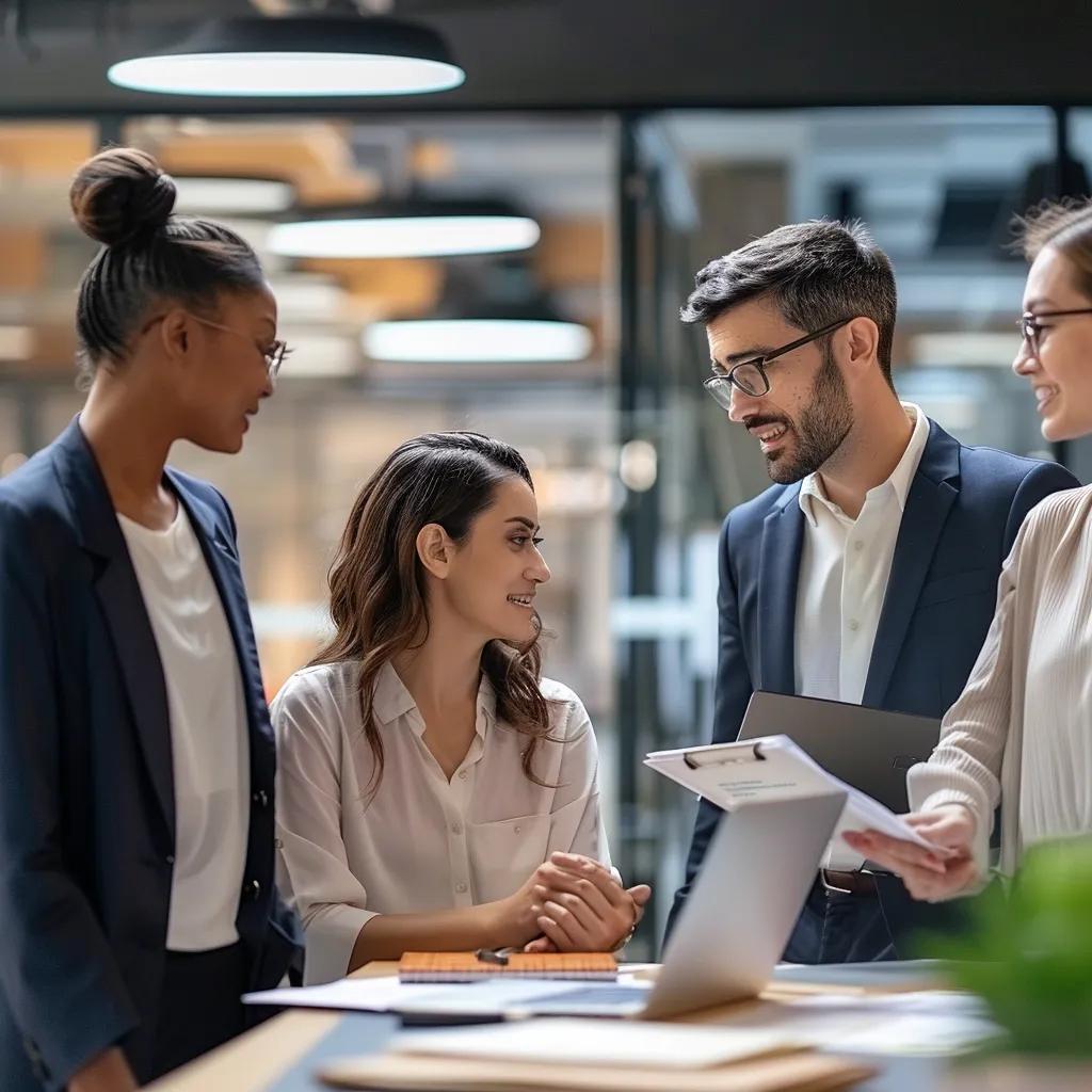 Business professionals collaborating on ISO 27001 compliance strategies in a modern office
