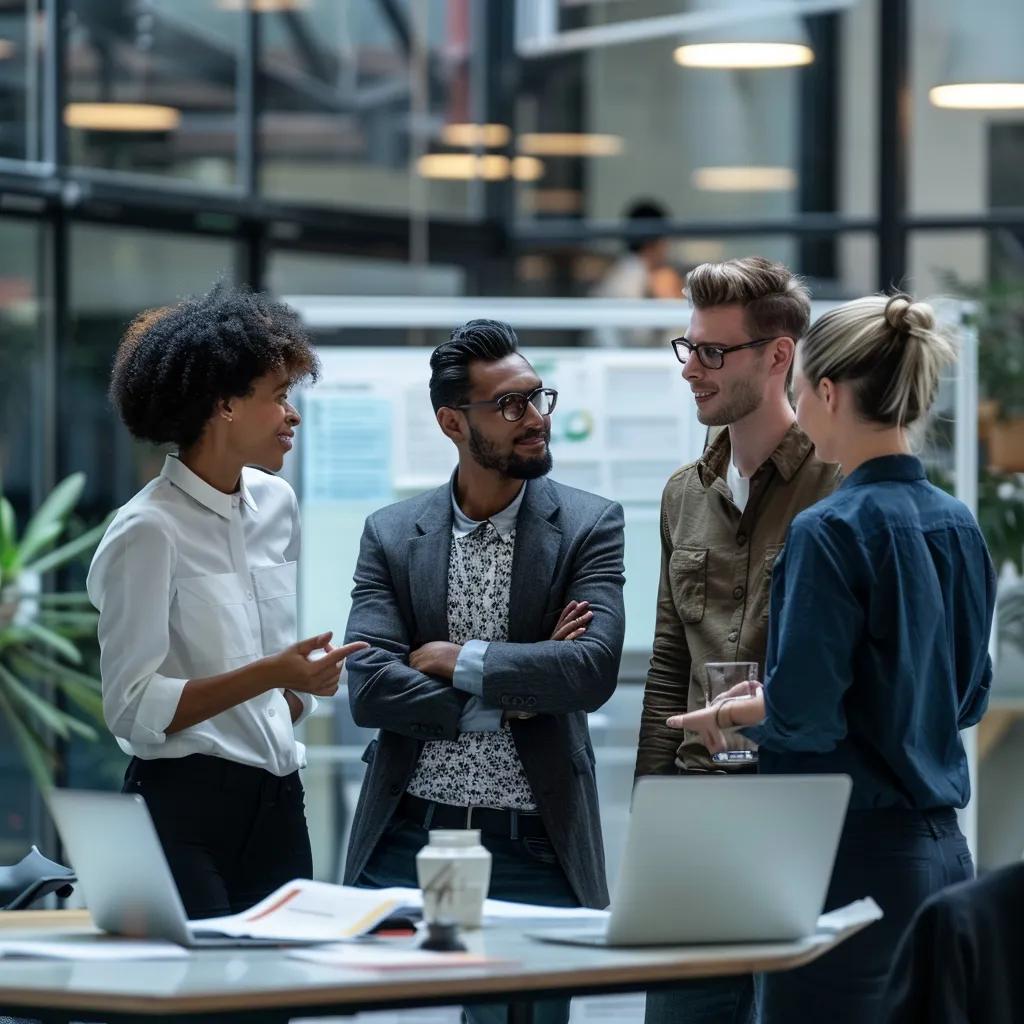 Business professionals collaborating on ISO 27001 certification strategies in a modern office