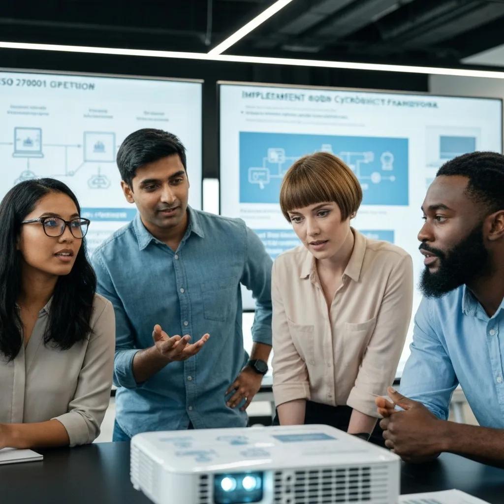 Team collaboration on ISO 27001 implementation in a modern office setting