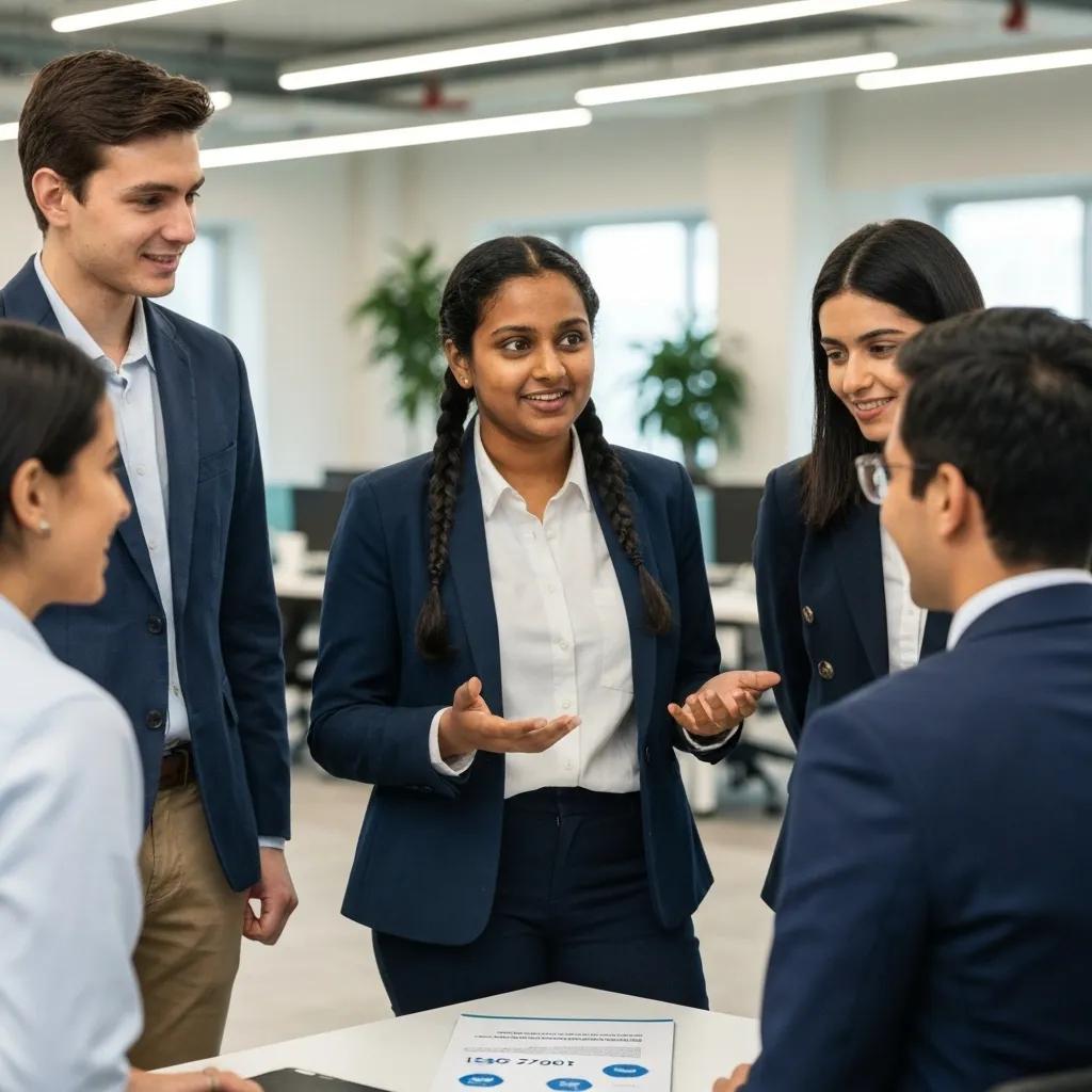 Team discussing ISO 27001 compliance strategies in a modern office