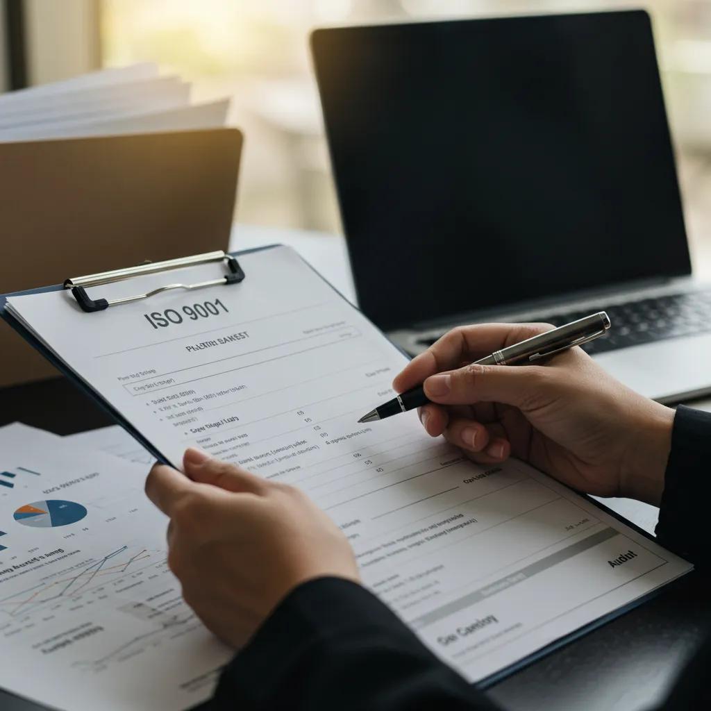 Auditor reviewing a checklist for ISO 9001 audit findings and prevention