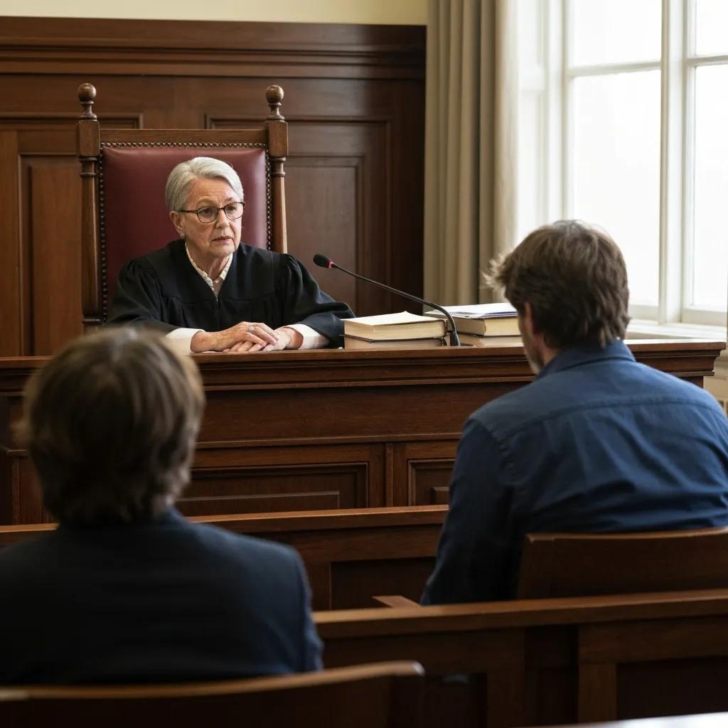 Judge presiding over a court session, discussing governance and compliance with two attendees in a formal setting.