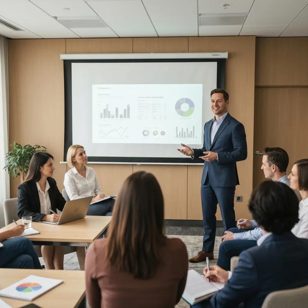 Business leader presenting data on transparency and accountability to stakeholders in a corporate meeting, illustrating effective governance practices and stakeholder trust.