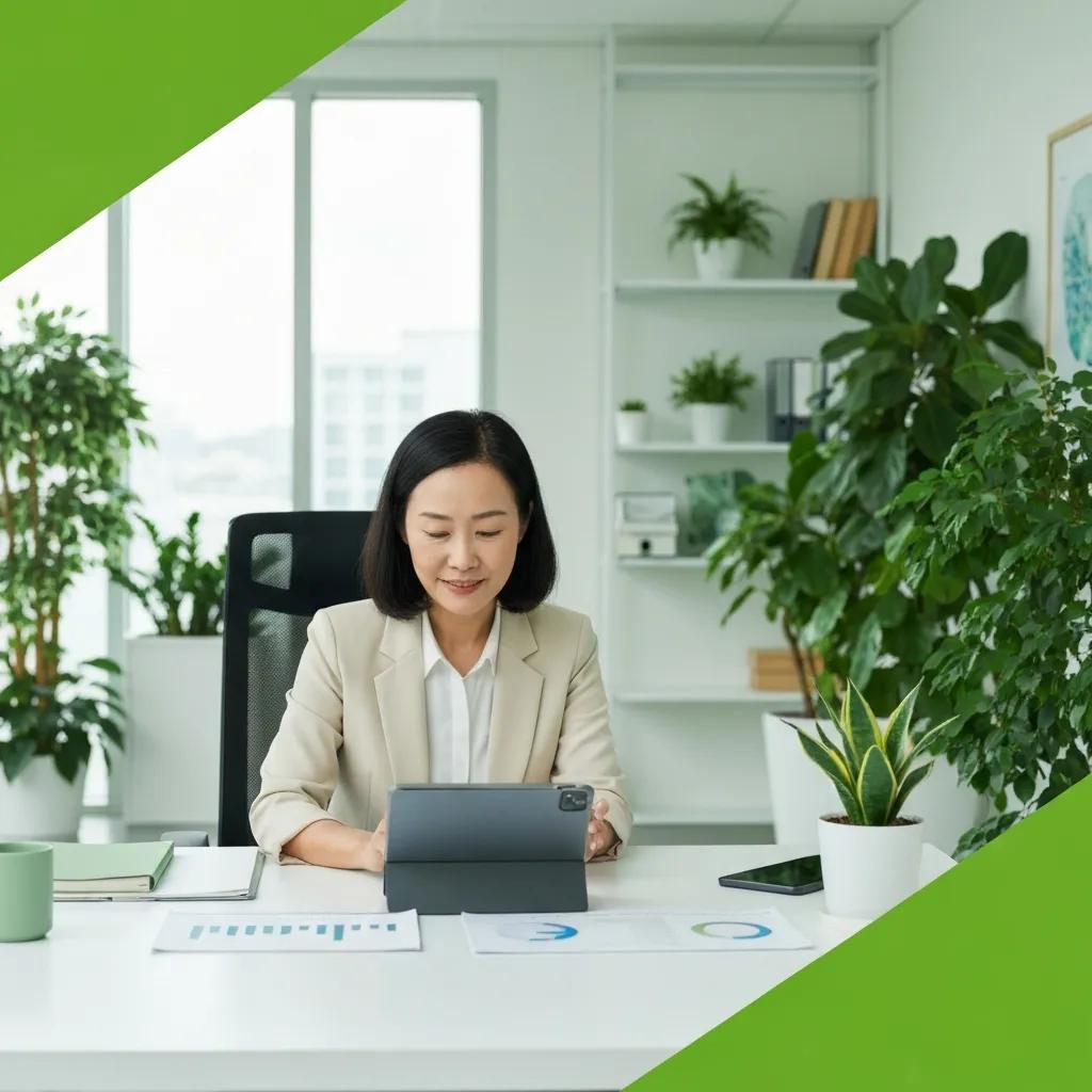 Professional analysing sustainability reports in a bright office