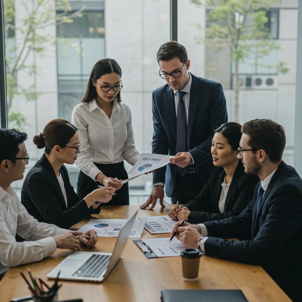 Business professionals collaborating on ISO 9001 certification for government tenders