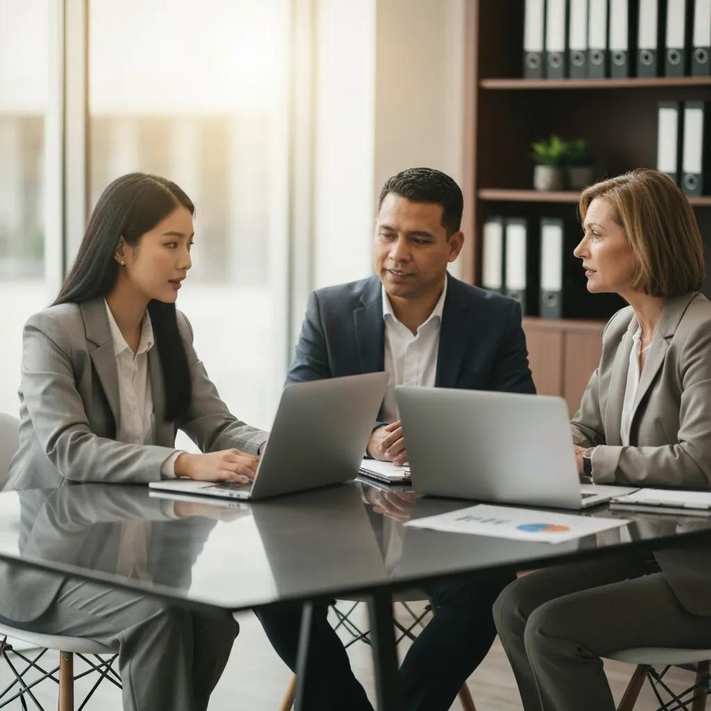 Business professionals collaborating on ISO certification documents, emphasising transparency and accountability, with laptops and a modern office setting.