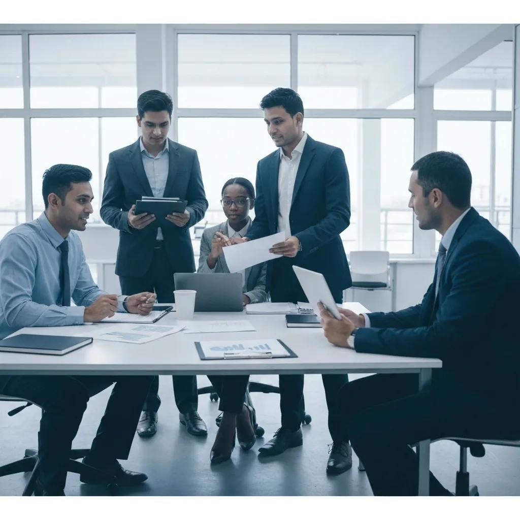 Business professionals collaborating on ISO standards in a modern office