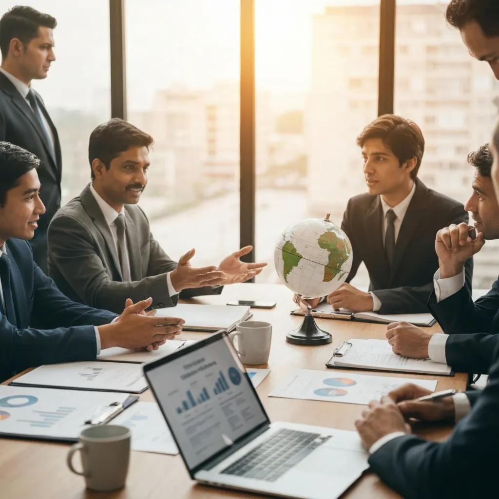 Business professionals discussing ethical sourcing strategies in a meeting, with a globe and documents on the table, highlighting sustainable supply chain practices.