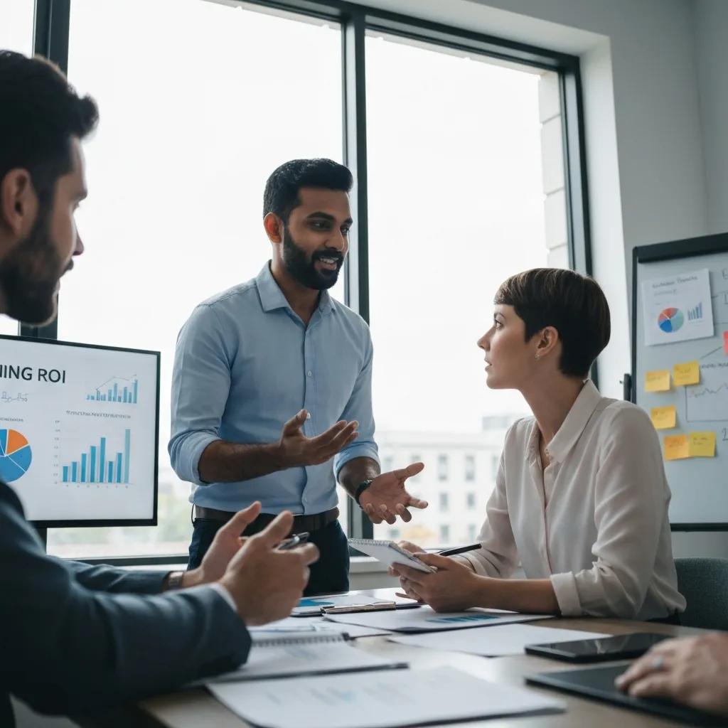 Colleagues reviewing training ROI in a meeting — collaboration and clear measurement