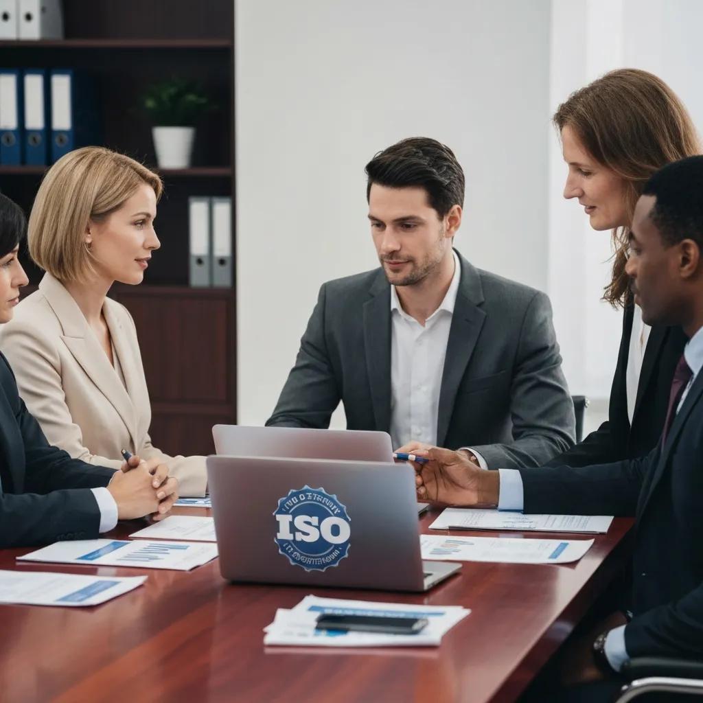 Business team discussing ISO 37001 certification for anti-bribery measures, featuring a laptop with ISO logo, documents, and engaged participants in a professional meeting setting.
