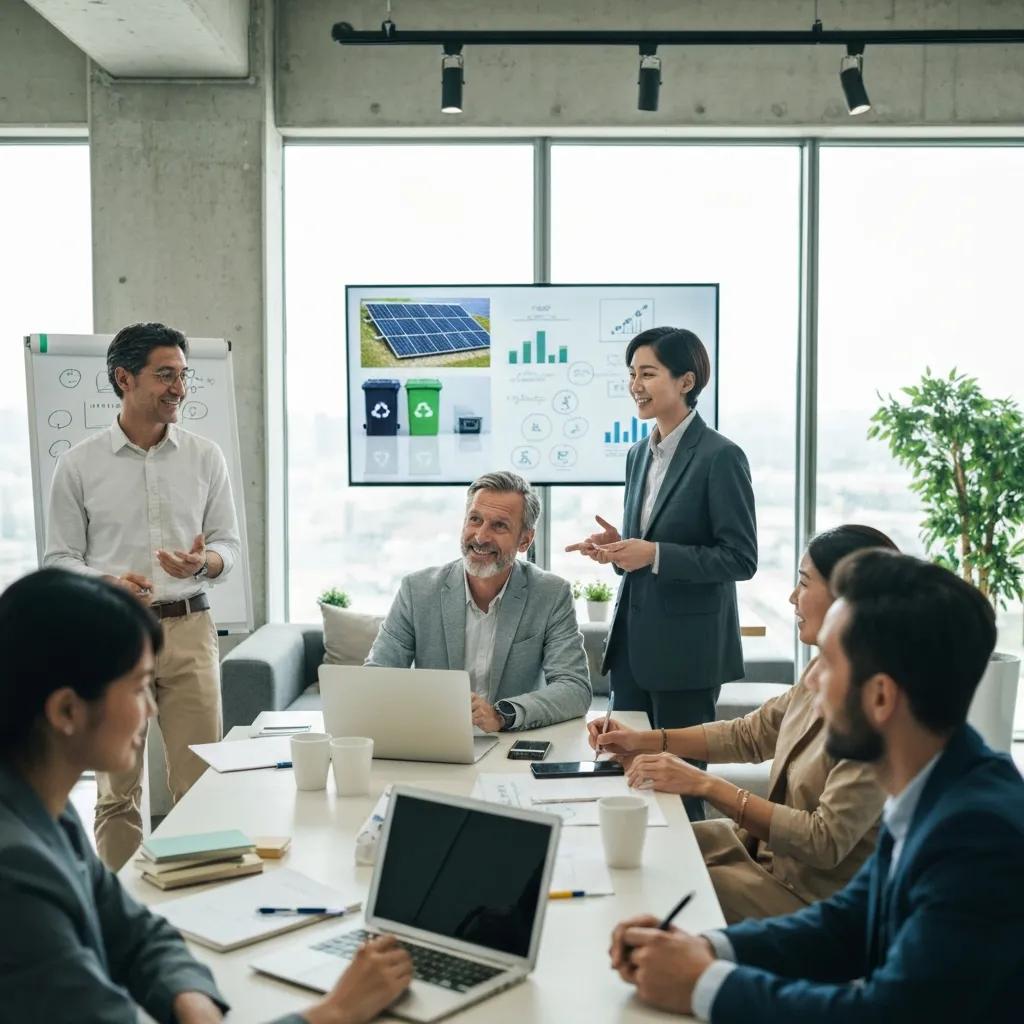 Business team participating in a sustainability workshop, discussing ethical practices and corporate responsibility, with visuals of solar panels and sustainability metrics displayed on a screen.