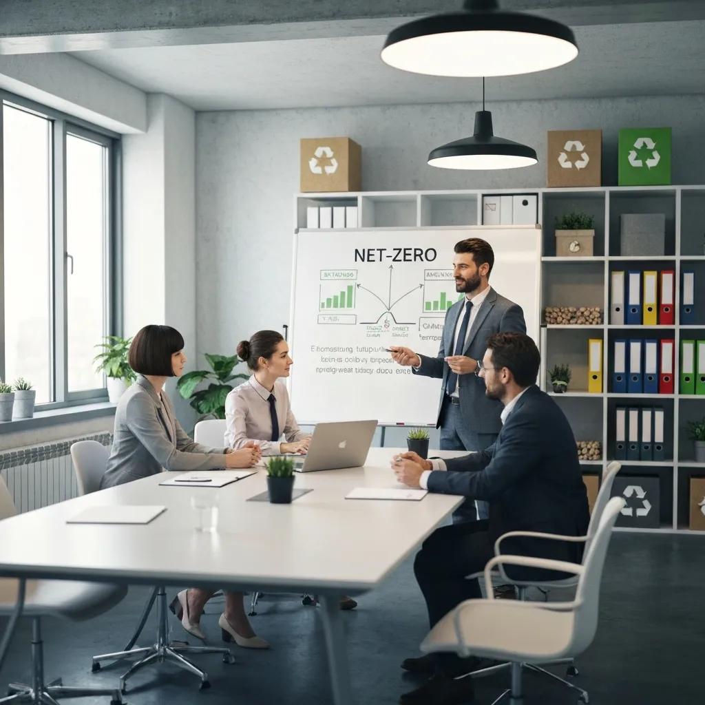 Business team strategizing on a net-zero roadmap in a modern workspace, discussing carbon reduction strategies, with a presentation board highlighting net-zero concepts and graphs.