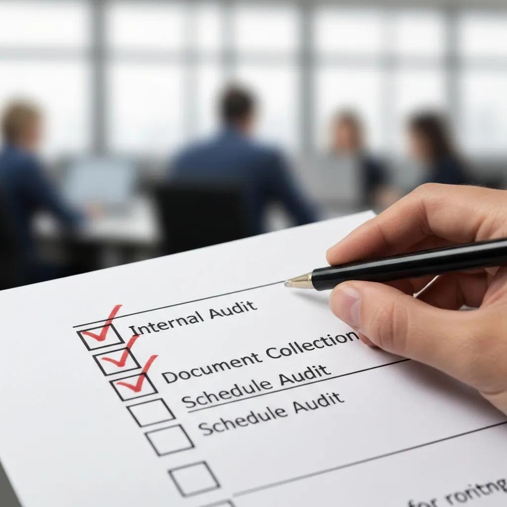 Checklist being ticked off during ISO renewal preparations in an office