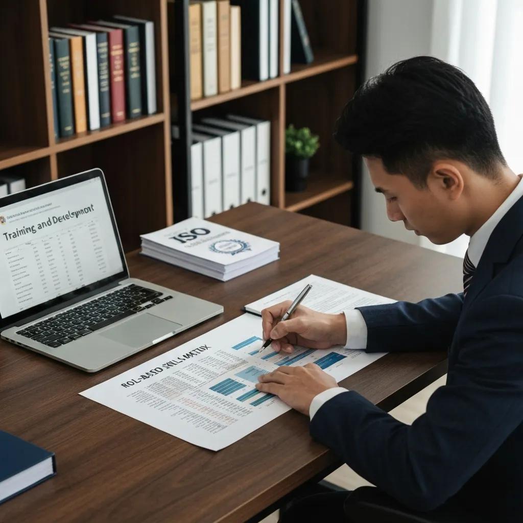 Close-up of a skills matrix used for ISO 9001 training analysis with a reviewer