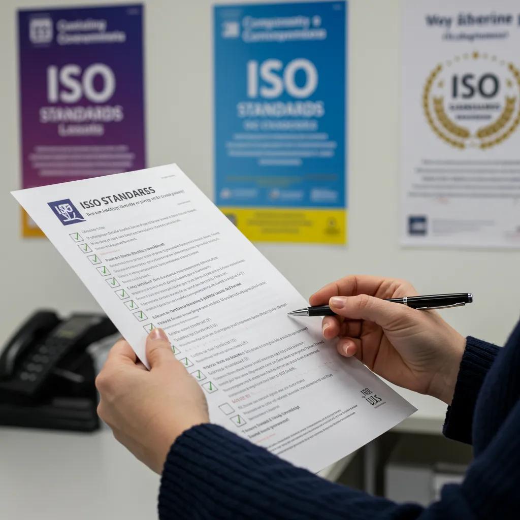 Council employee reviewing ISO standards documents in an organised office setting