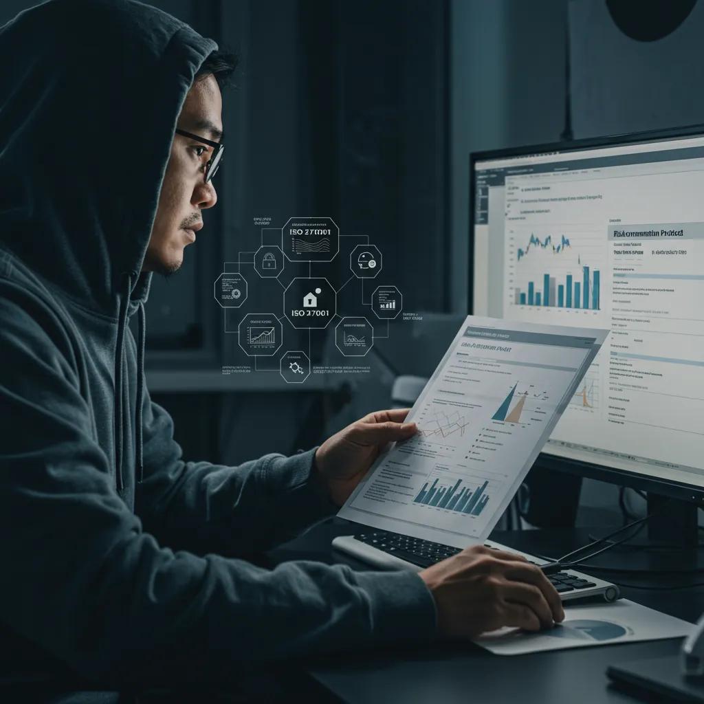 Cybersecurity professional analyzing data for ISO 27001 audit issues