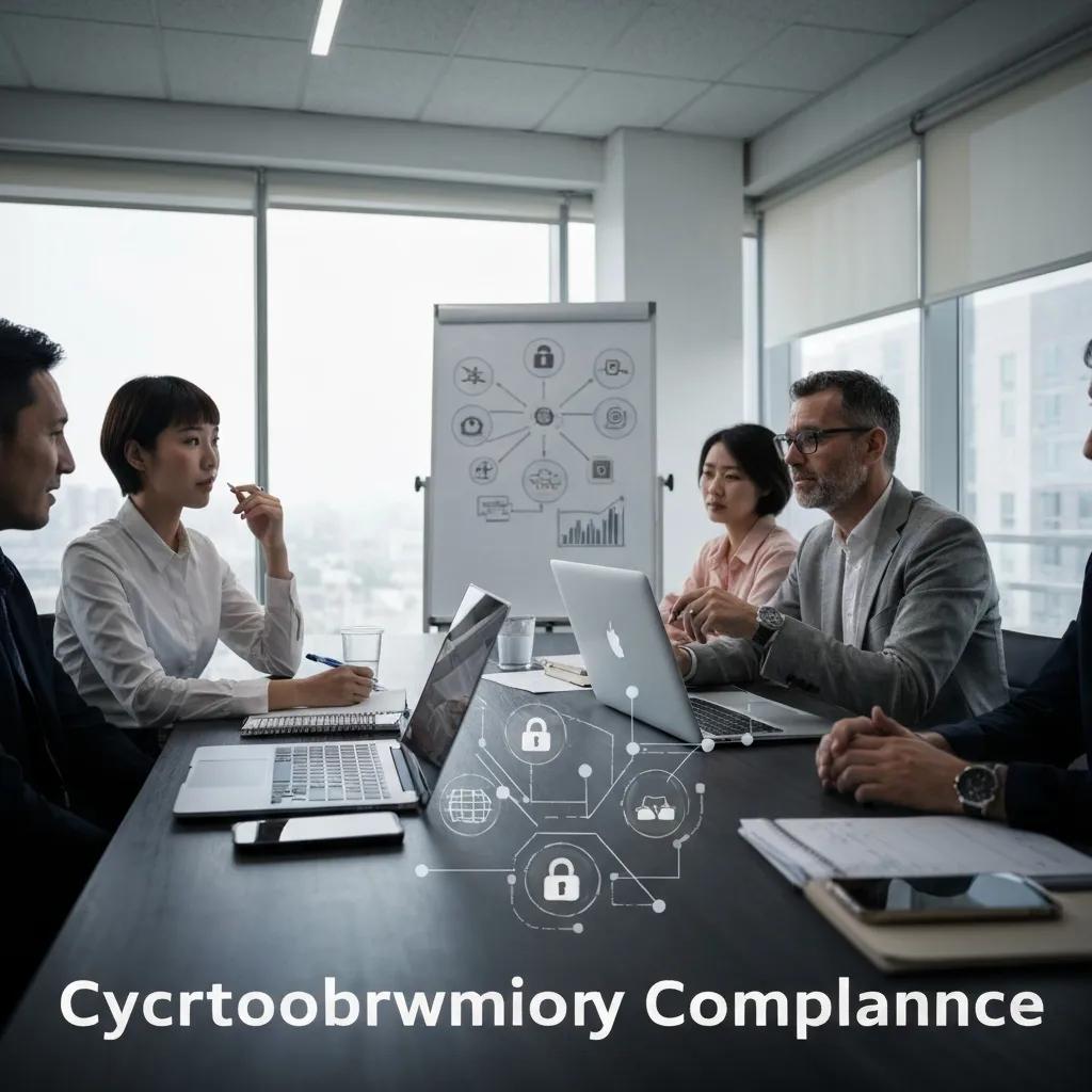 Cybersecurity professionals discussing regulations in a modern office setting