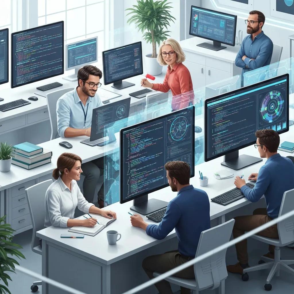 Data scientists collaborating on AI models in a modern office, emphasising ethical transparency and governance in AI development, with multiple screens displaying code and data visualisations.