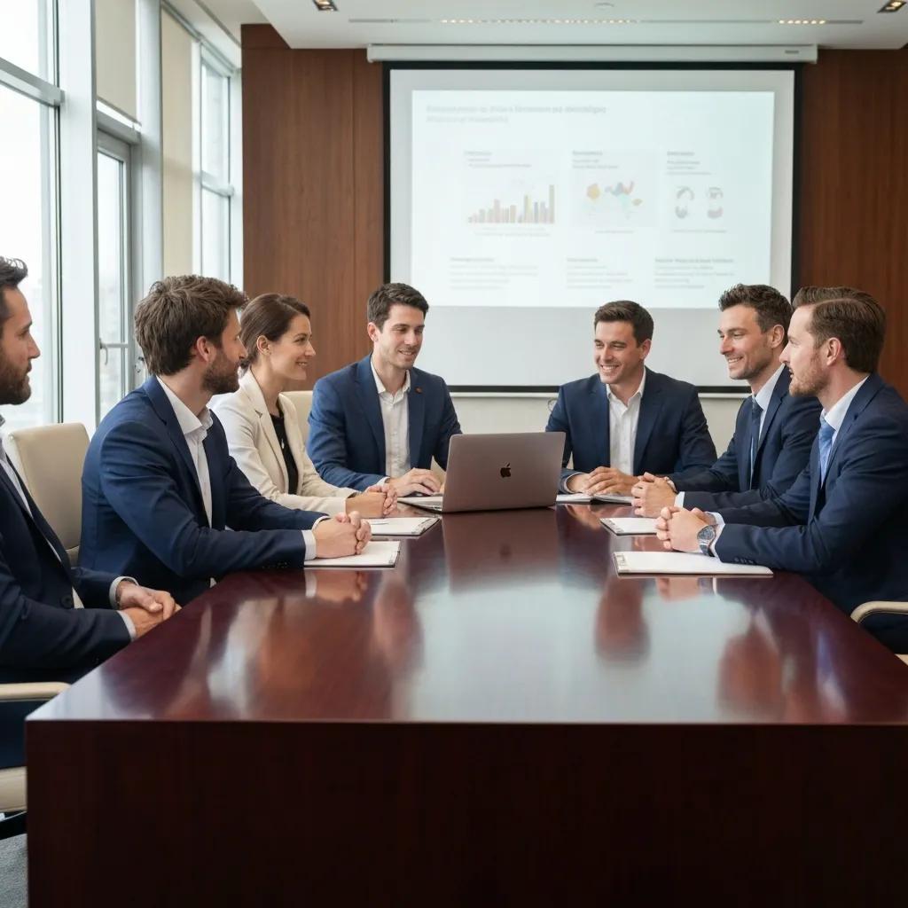 Diverse board members engaged in strategic discussion around a laptop in a modern conference room, illustrating key responsibilities in corporate governance and compliance.