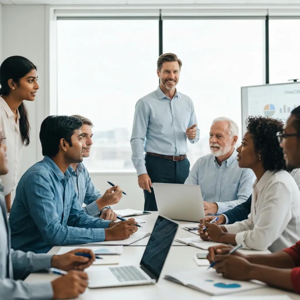 Diverse employees engaged in a training session, showcasing collaboration and learning in a modern office