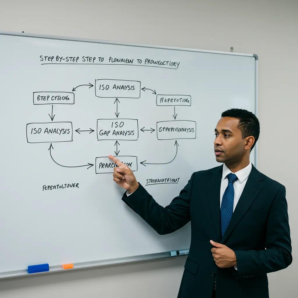 Flowchart illustrating the step-by-step ISO gap analysis process on a whiteboard