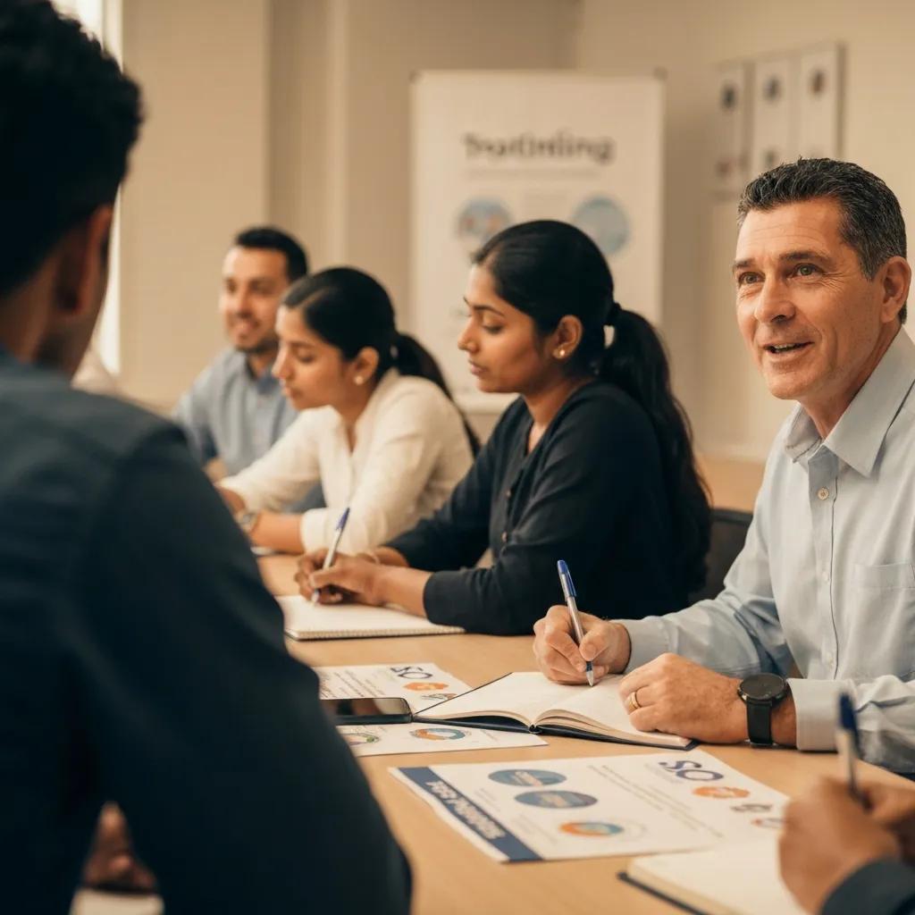 Group training session on ISO certification with engaged participants and a trainer, discussing training needs analysis and compliance strategies.