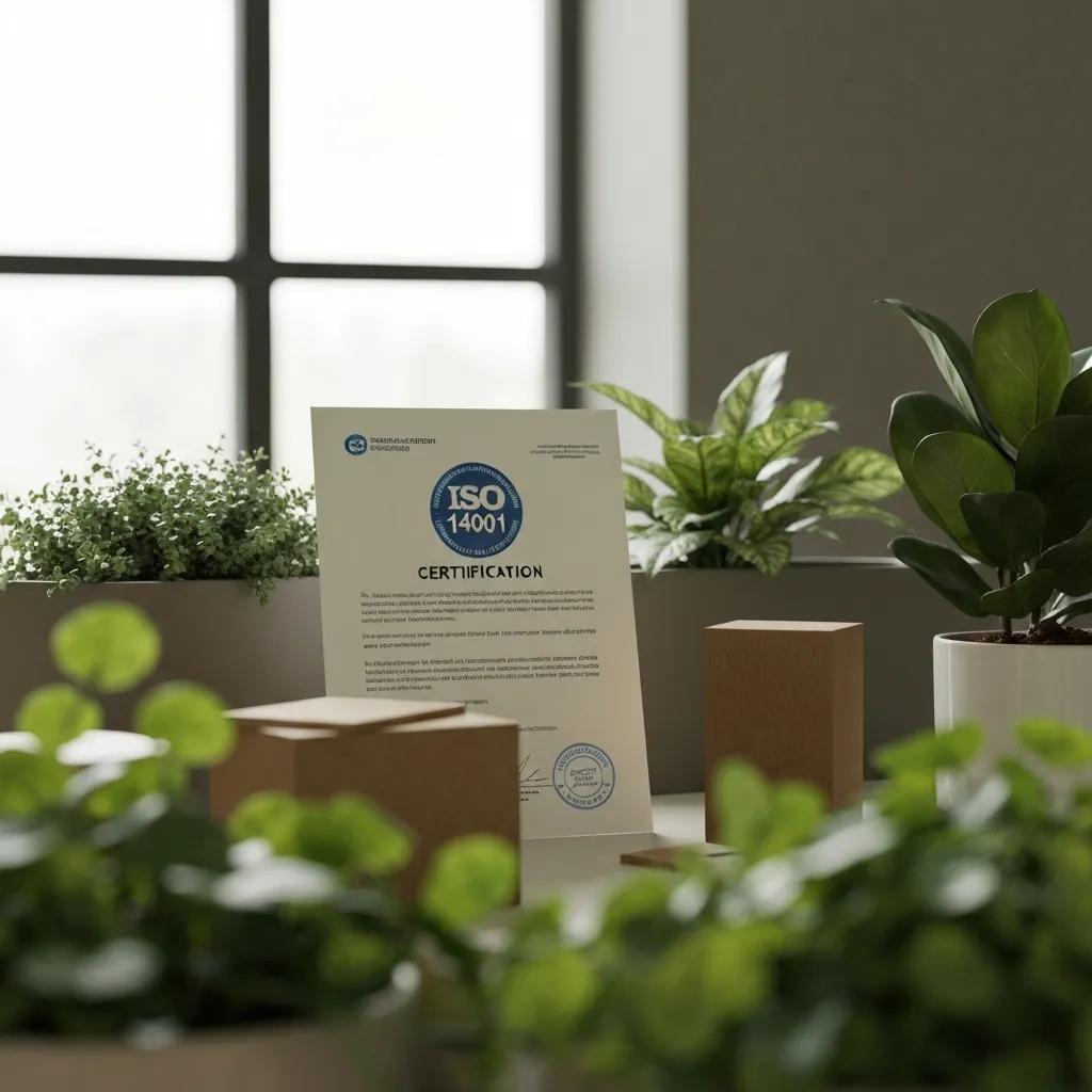 ISO 14001 certification document displayed among eco-friendly plants and materials, symbolising environmental management and sustainability efforts.