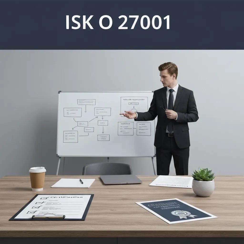 ISO 27001 certificate and checklist beside a laptop