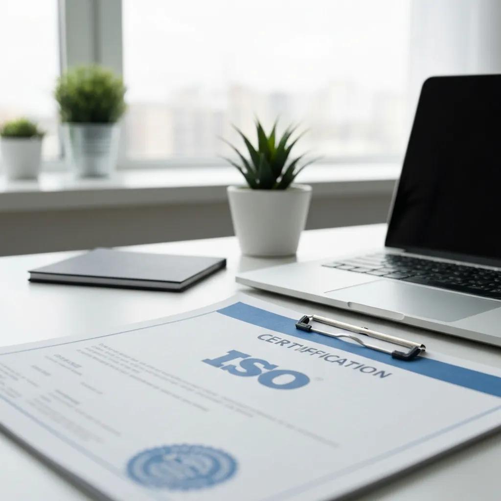 ISO certification document on a desk, symbolising support for sustainable supply chain management, with a laptop and potted plant in the background.