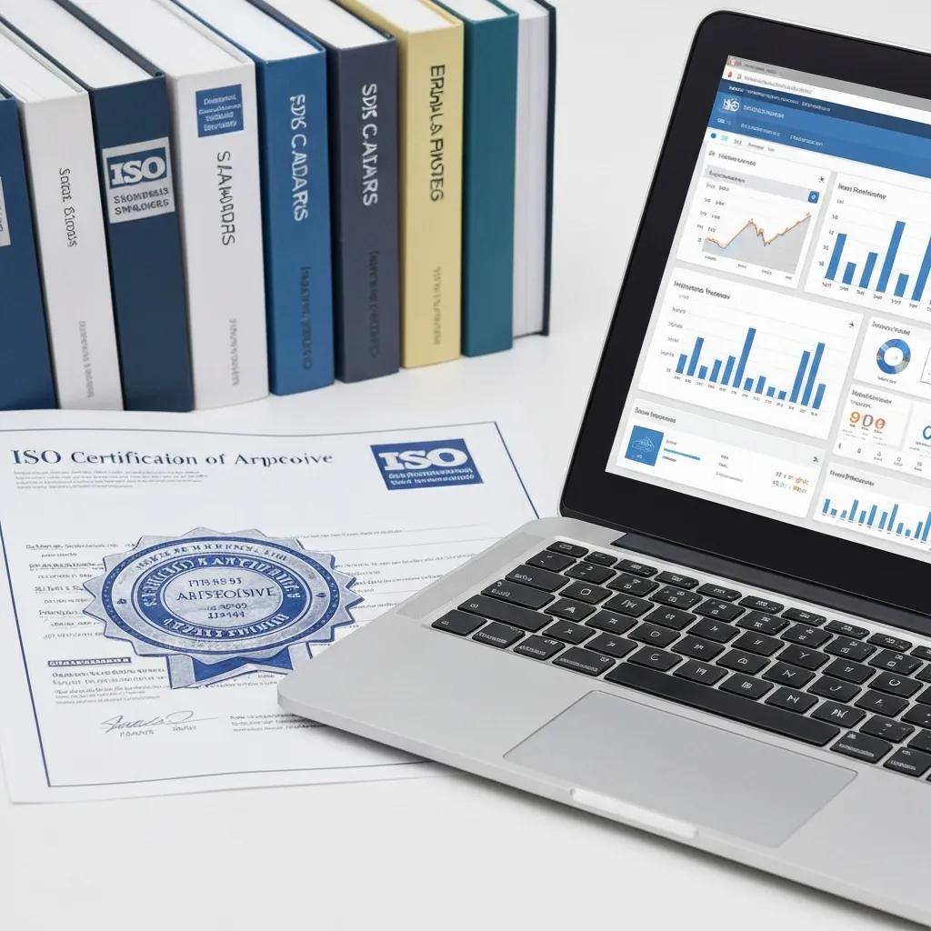 ISO certification document with blue seal and laptop displaying supply chain data analytics, surrounded by ISO-related books in a professional setting.