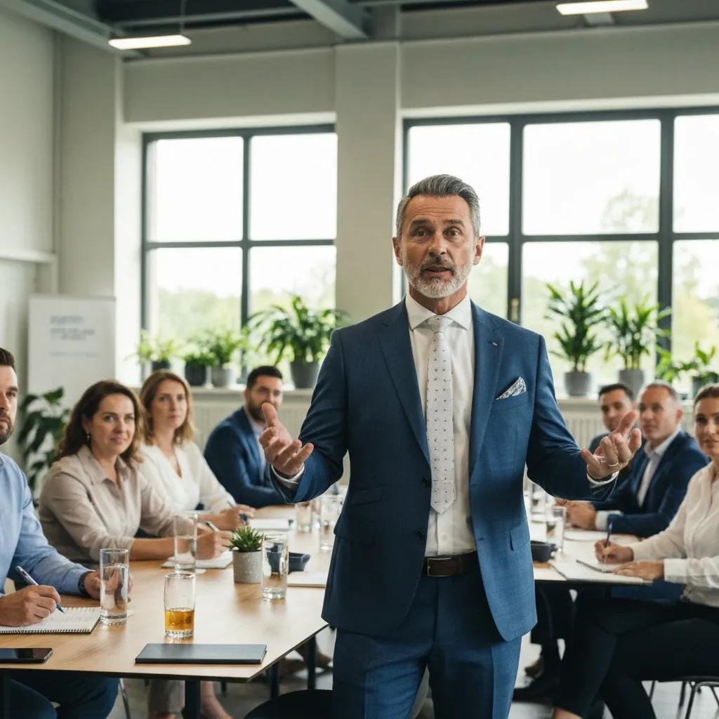 Leader engaging employees in a discussion about effective communication during ISO change management, surrounded by attentive team members in a modern meeting room.