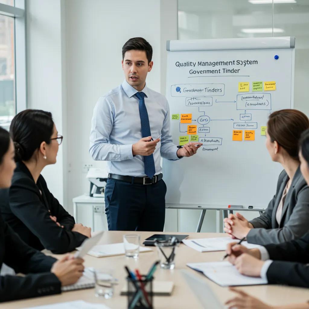Project manager guiding a team on implementing a Quality Management System for government tenders