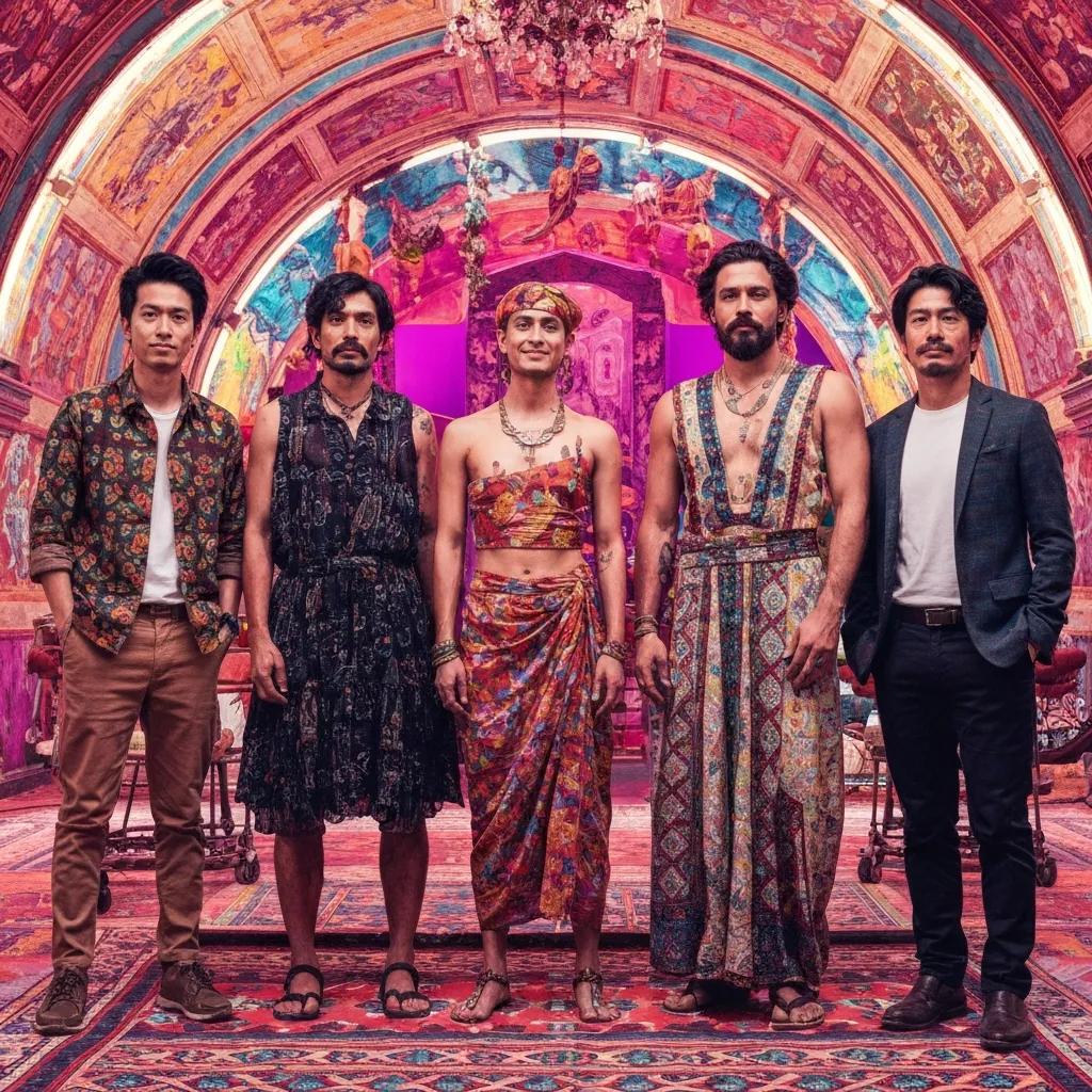 Five individuals in vibrant, patterned attire standing in an ornate, colourful room with decorative walls and a chandelier, symbolising cultural expression and teamwork in change management for ISO certification.