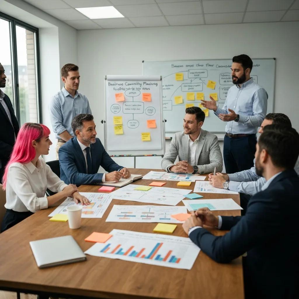 Team collaborating on business continuity planning, discussing supply chain resilience, with charts and notes on a table, in a modern office setting.