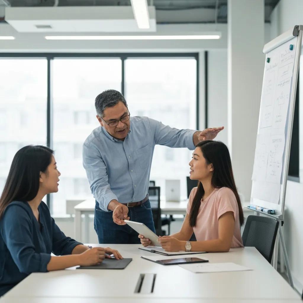 Team collaborating in a modern office, discussing ISO change communication strategies, with a man presenting information to two women at a table, showcasing engagement and teamwork.