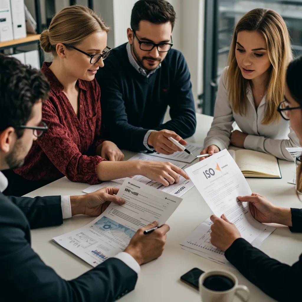 Team collaborating on ISO gap analysis documents in a modern office