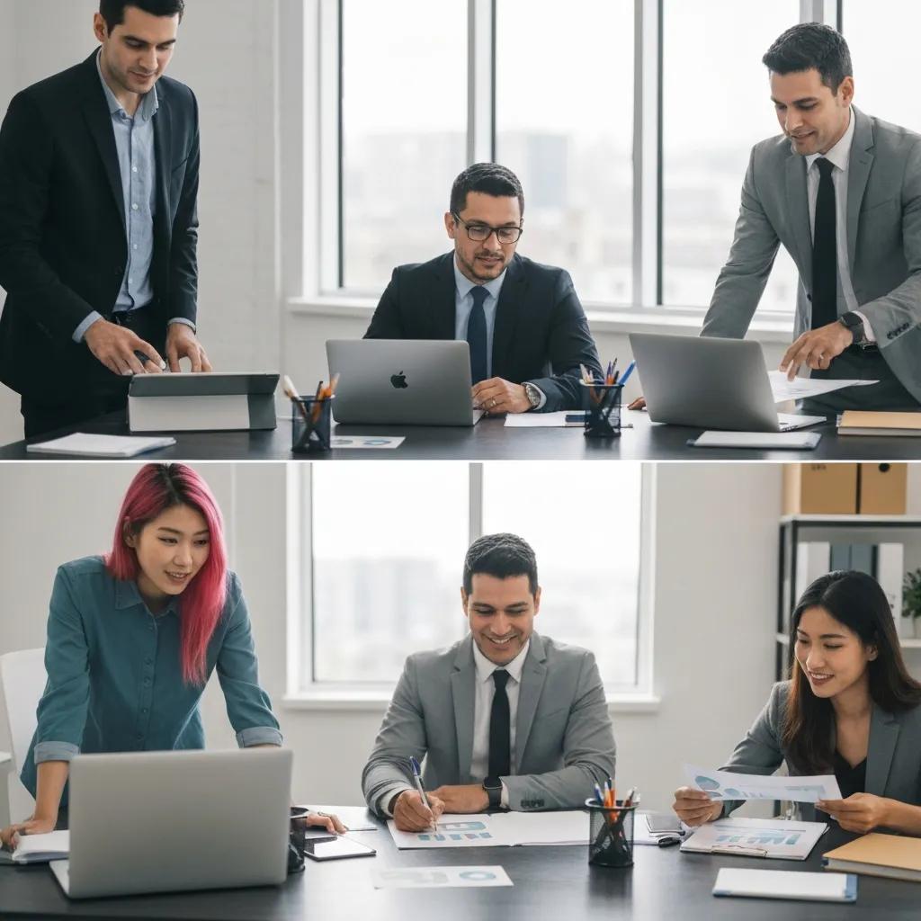 Team collaborating on ISO certification strategies in a modern office, featuring individuals engaged with laptops and documents, discussing practical steps for implementing change and operational success.
