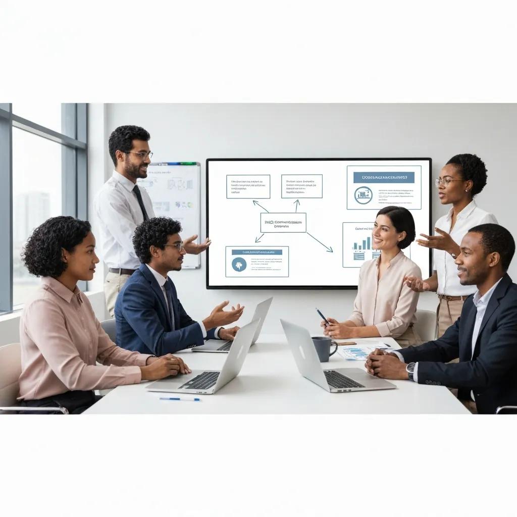 Team discussing ISO certification in a modern office setting, emphasizing digital transformation and compliance