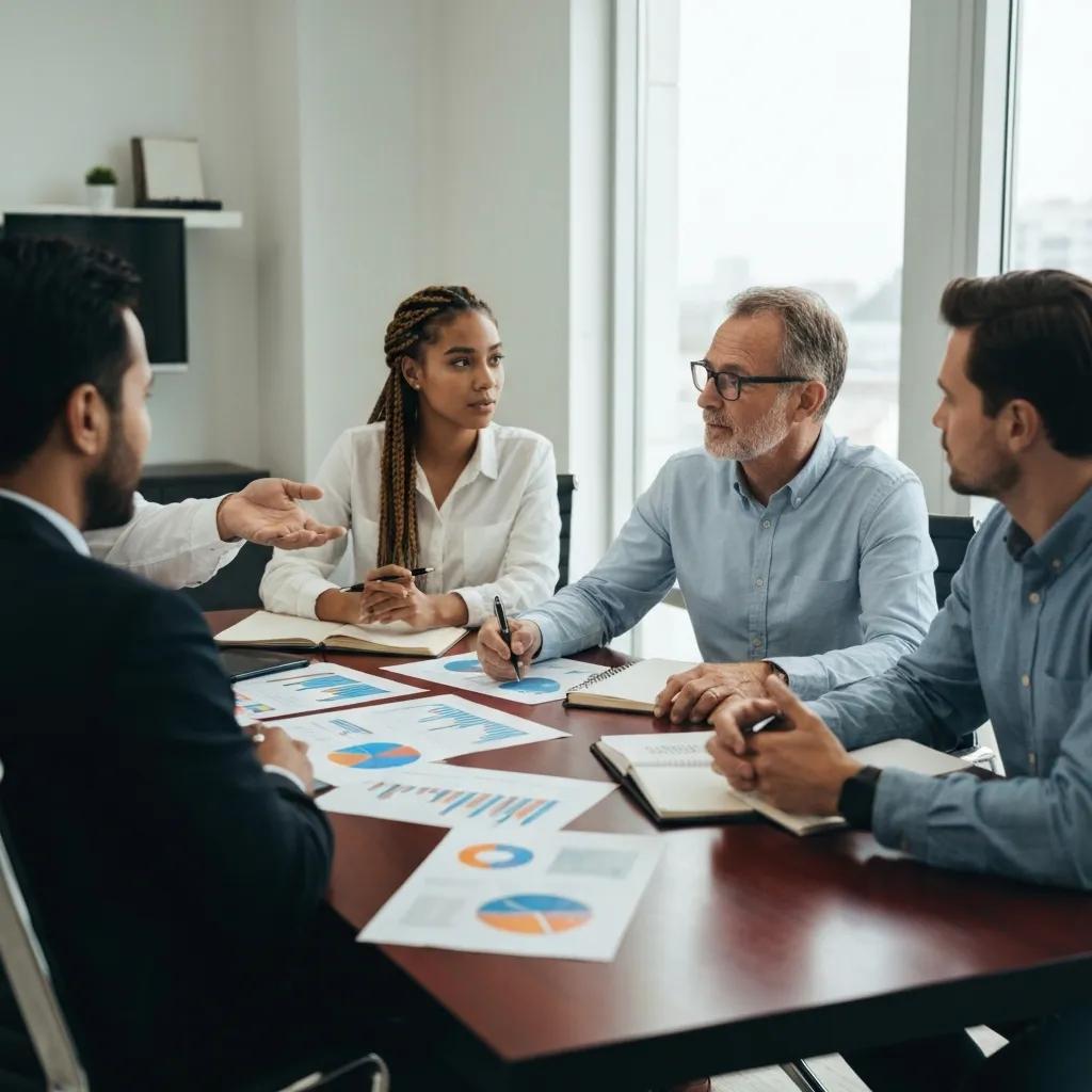 Team discussing supply chain risk management strategies in a modern office, with charts and graphs on the table, highlighting best practices for ISO certification and operational efficiency.