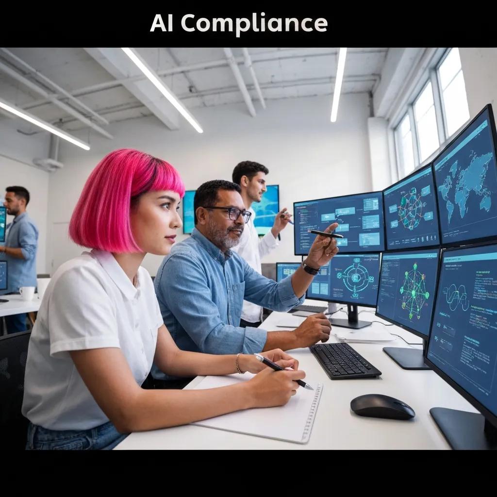 Professionals reviewing AI compliance metrics on a screen