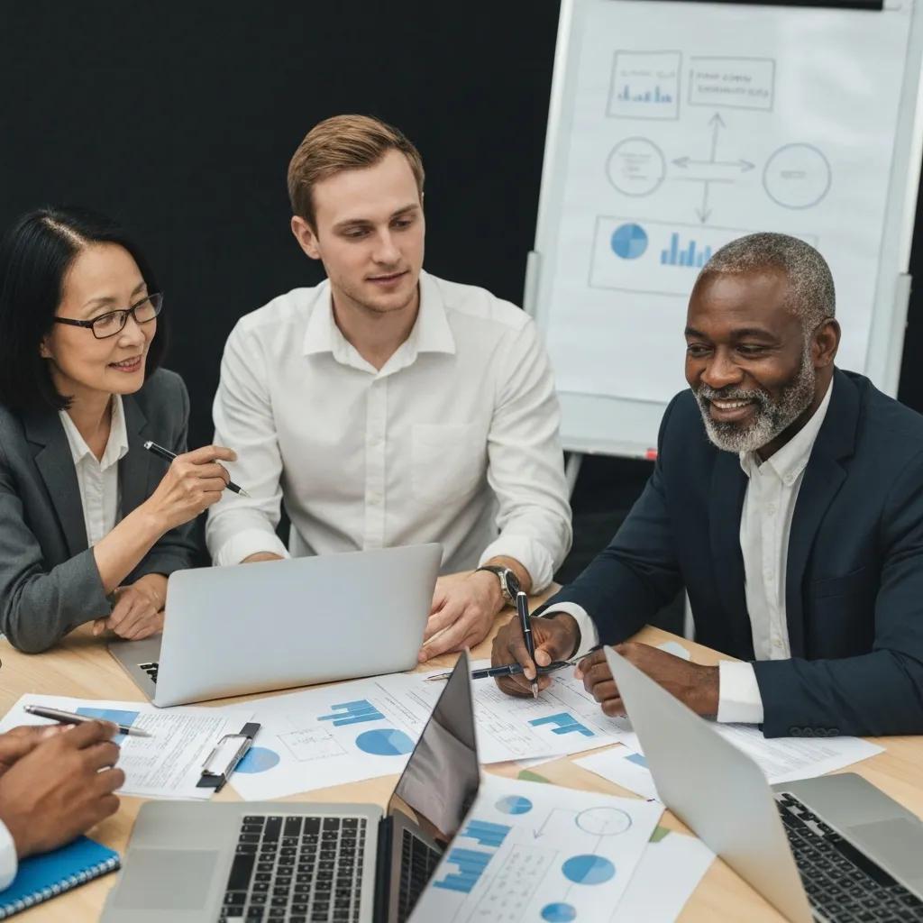 Team of professionals collaborating on a disaster recovery plan in a modern office setting