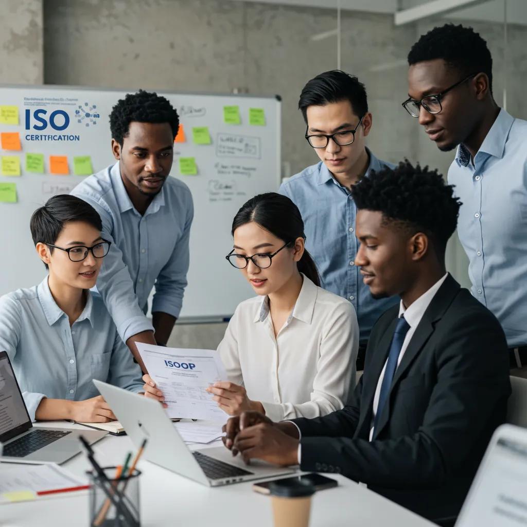 Team of professionals collaborating on ISO certification documents in an office setting