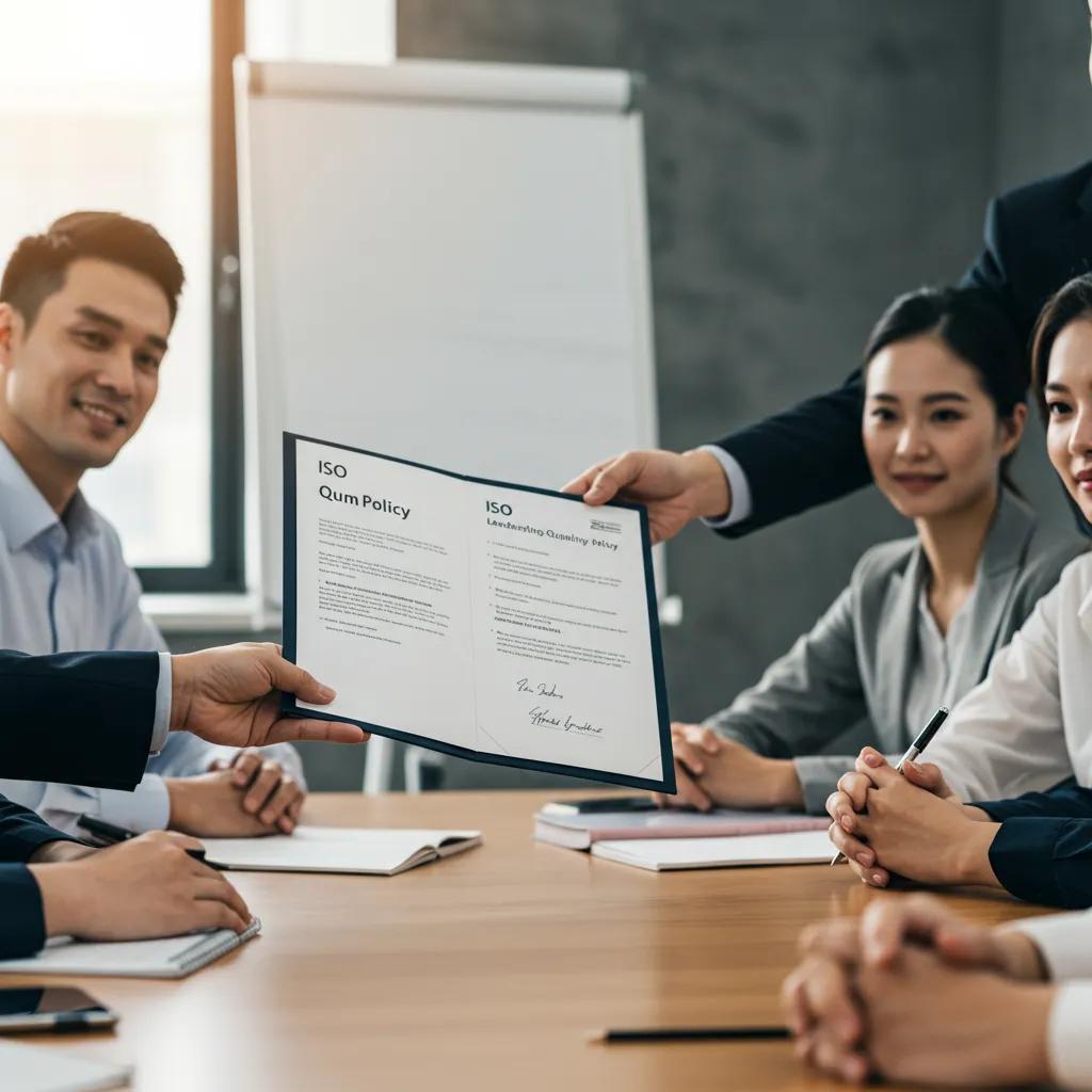 Top manager presenting signed quality policy to team, emphasizing leadership in ISO standards