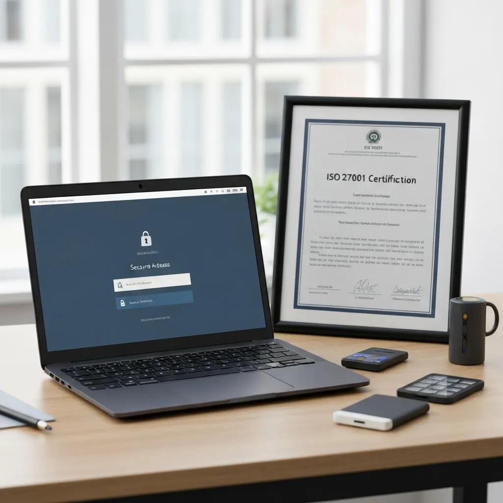 Graphic showing ISO 27001 certification applied to remote work
