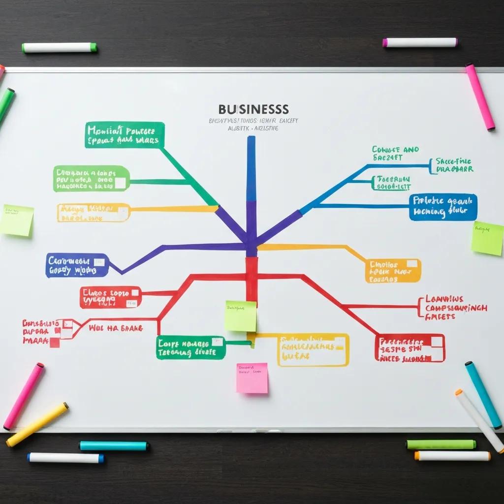 Colourful mind map on a whiteboard showing connected business ideas and improvements