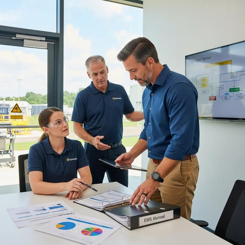 Auditor conducting an on‑site assessment of an organisation's environmental management system
