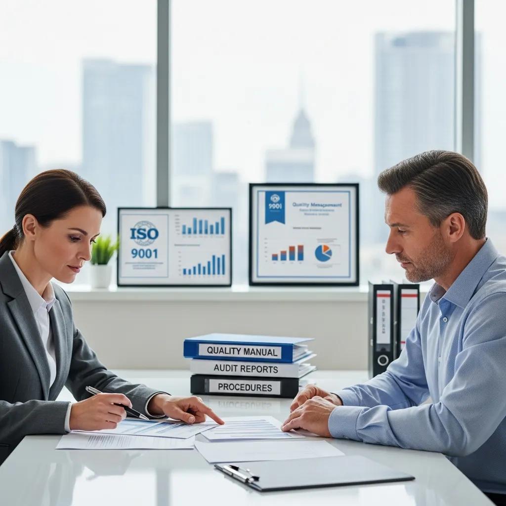 Auditor reviewing ISO 9001 certification documents with a business owner